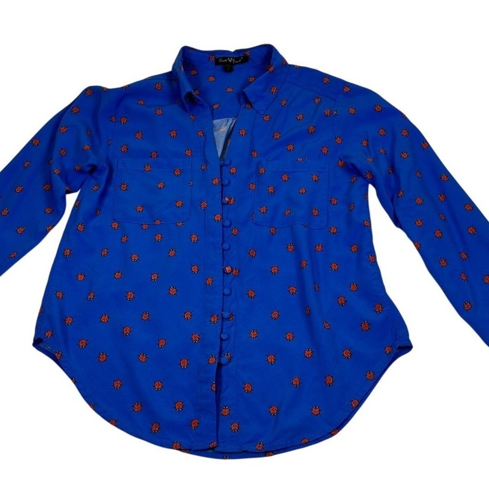 Velvet‎ Heart Royal Blue Ladybug Print Button Down Blouse Women's Small